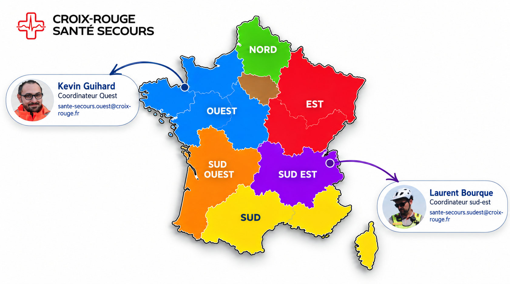 Carte des secteurs territoriaux de Croix-Rouge Santé Secours avec les coordonnées des responsables Ouest et Sud-Est